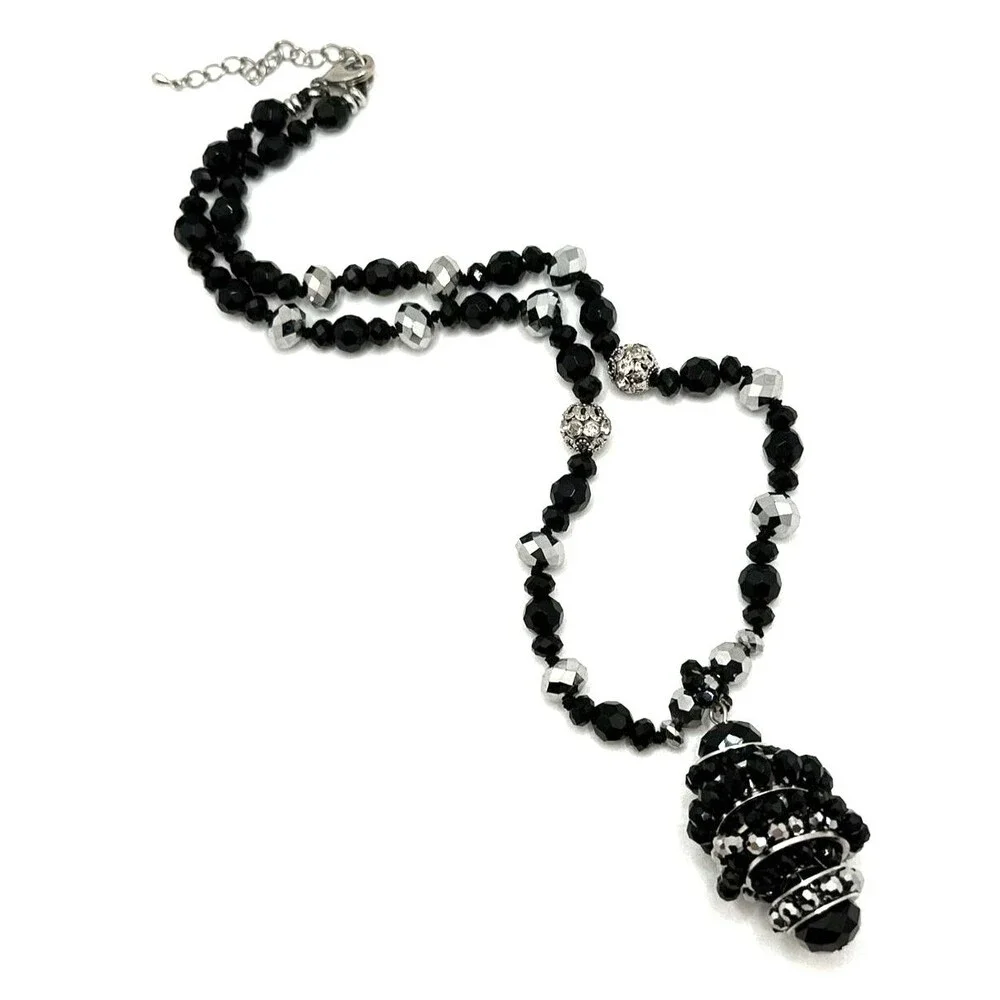 Crystal Bead Cluster Pendant Necklace Black Silver Tone Statement Jewelry 20-22